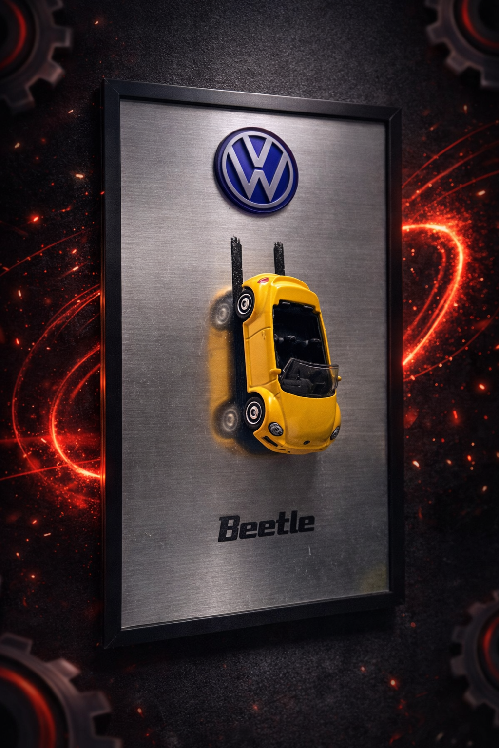 Quadro Fusca Beetle com Miniatura 3D – Colecionável Automotivo de Parede