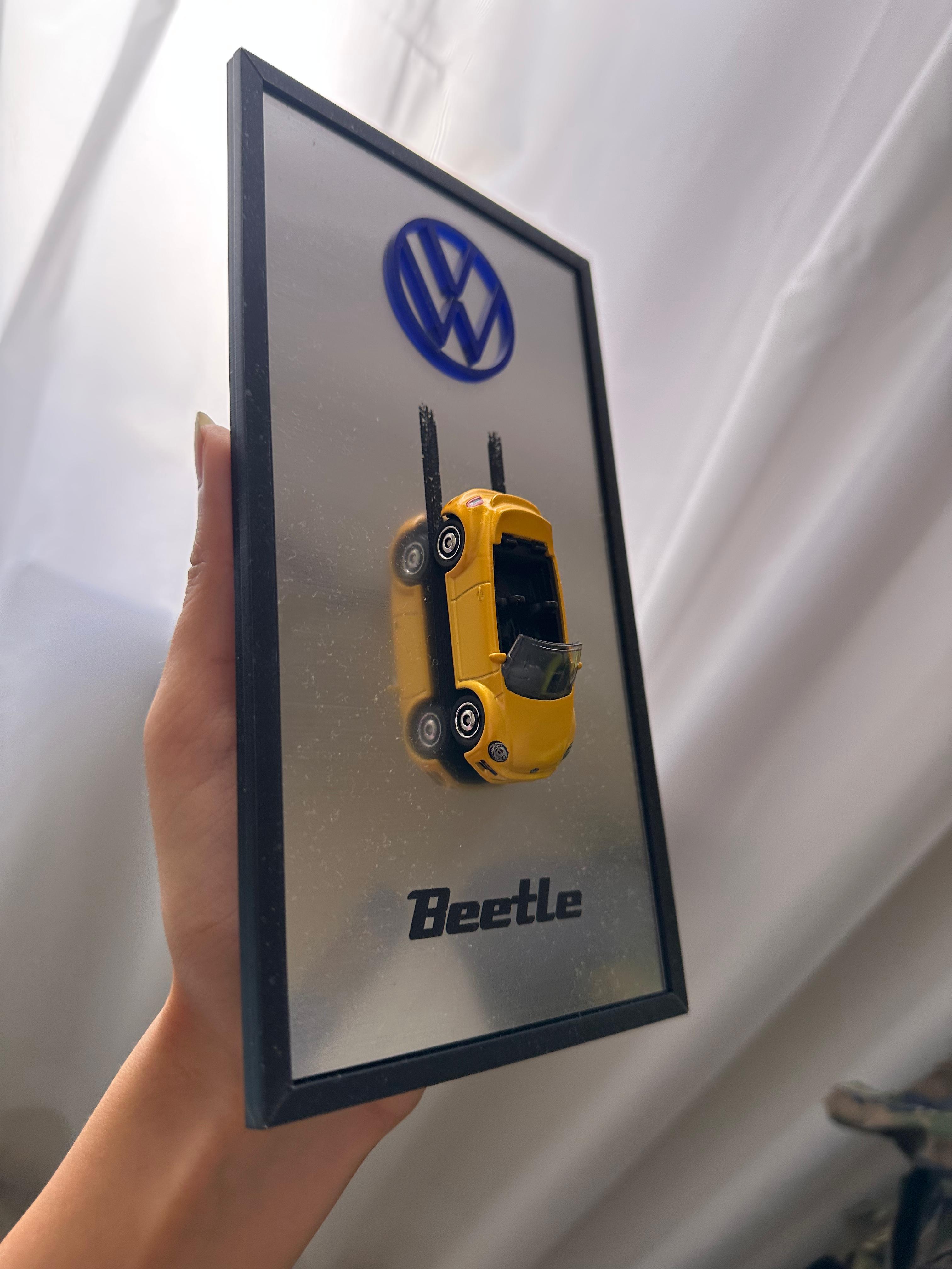 Quadro Fusca Beetle com Miniatura 3D – Colecionável Automotivo de Parede